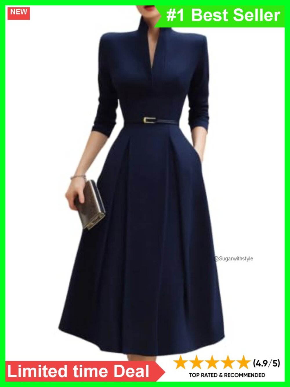 Vintage A-Line Midi Formal Work Dress 3/4 Sleeve Stand Collar Career Church